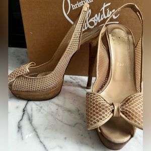 Christian Louboutin Slingback Platform peep toe Nude Mesh Bow Heels